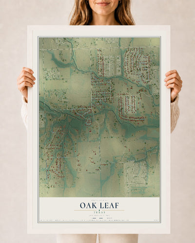 Map of Oak Leaf, Texas, 24 x 36 inch print in a white wood frame