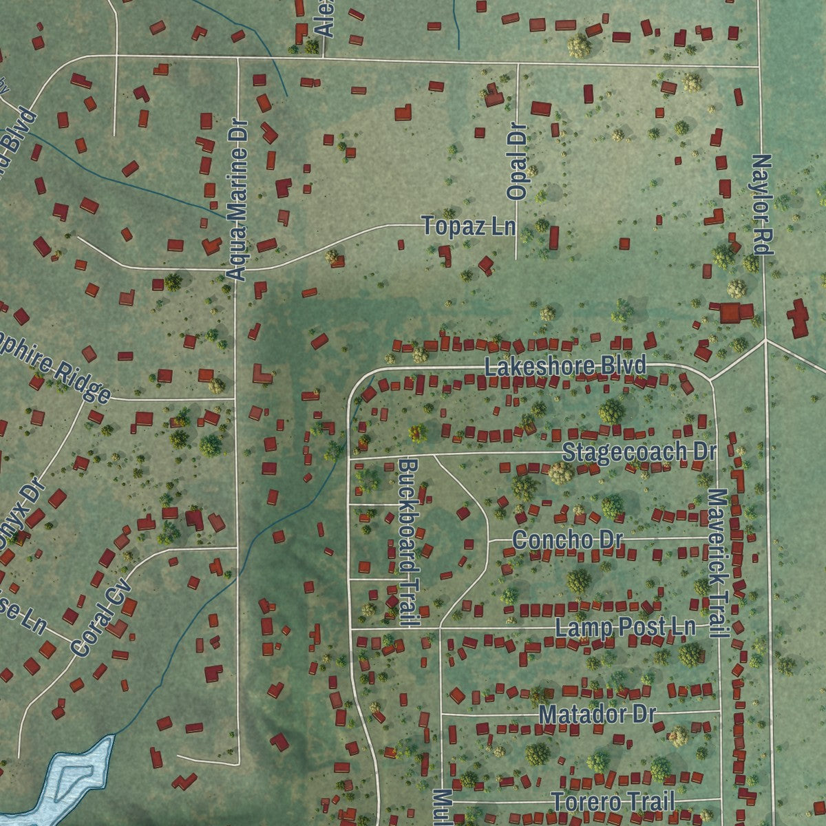 Close-up of the map of Oak Point, Texas print showing street and building detail