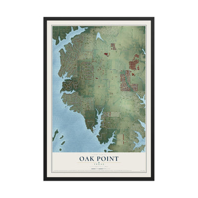 Map of Oak Point, Texas, 12 x 18 inch print in a black wood frame