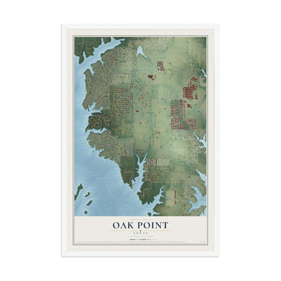 Map of Oak Point, Texas, 12 x 18 inch print in a white wood frame