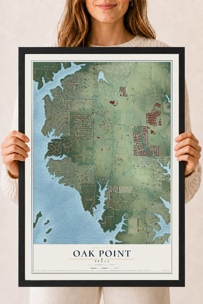 Map of Oak Point, Texas, 18 x 24 inch print in a black wood frame
