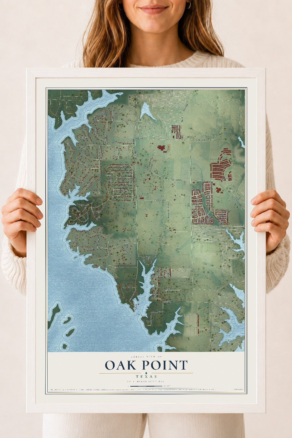 Map of Oak Point, Texas, 18 x 24 inch print in a white wood frame