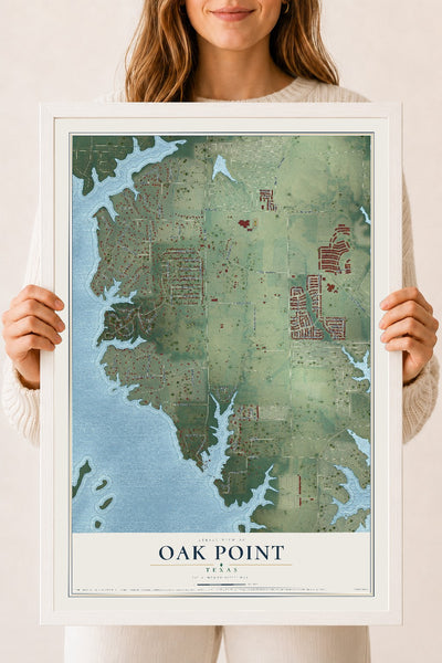 Map of Oak Point, Texas, 18 x 24 inch print in a white wood frame