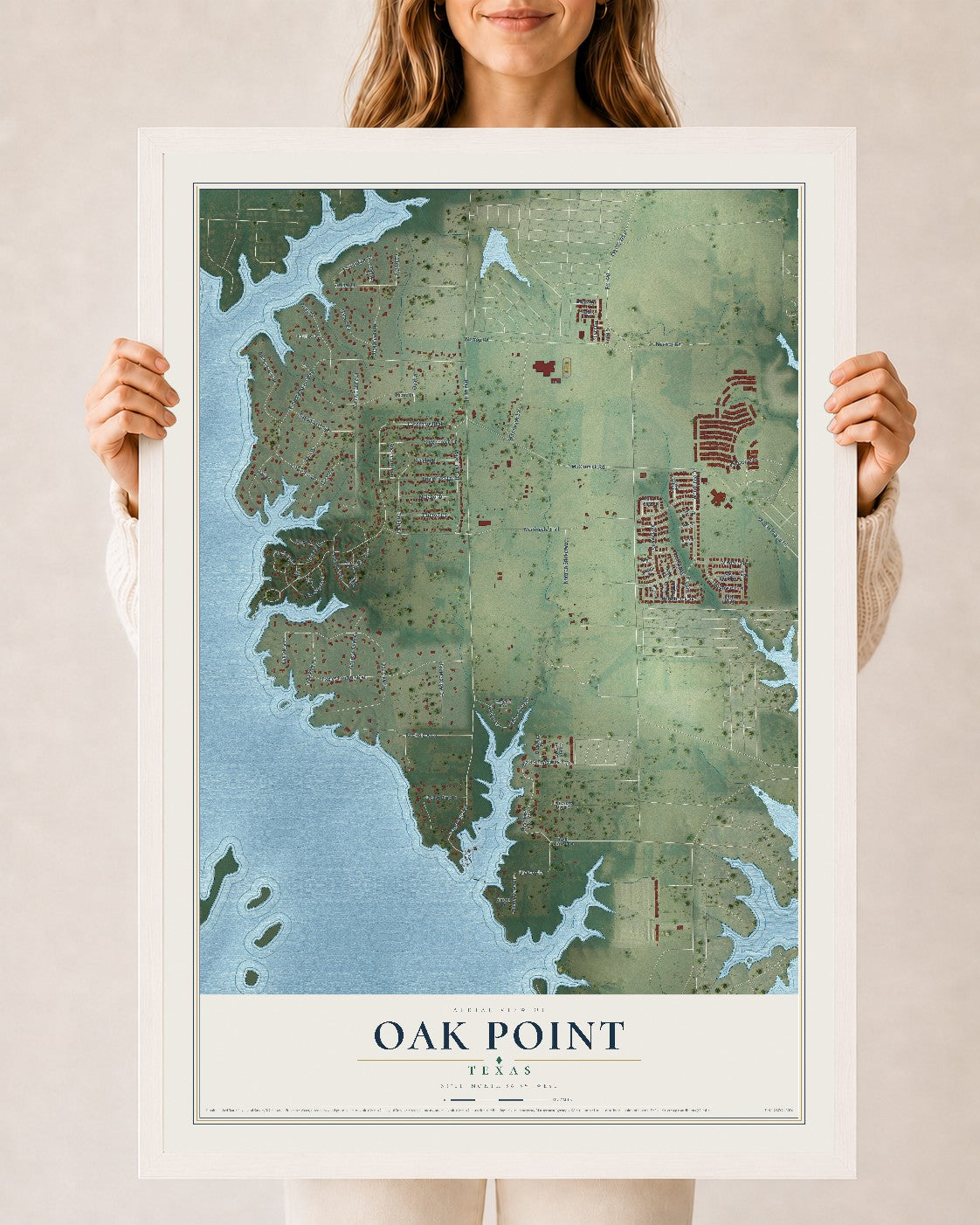 Map of Oak Point, Texas, 24 x 36 inch print in a white wood frame