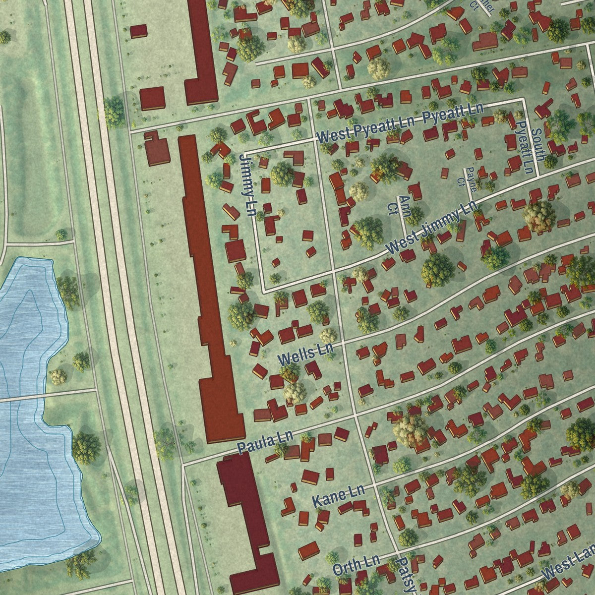 Close-up of the map of Oak Ridge North, Texas print showing street and building detail