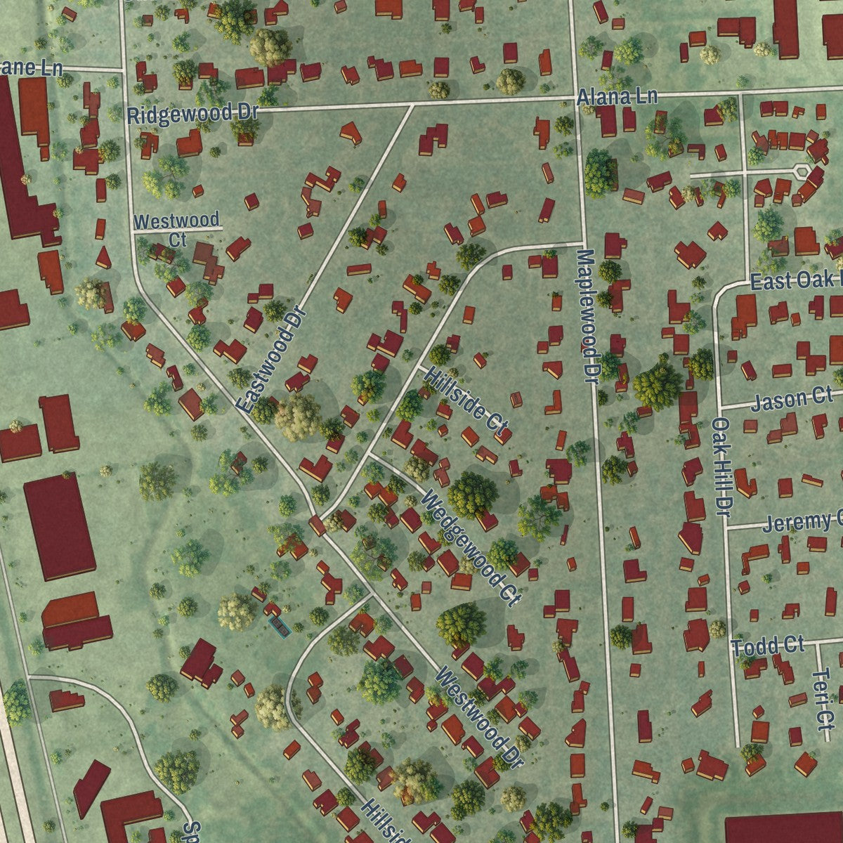 Second close-up of the map of Oak Ridge North, Texas print showing more streets and buildings