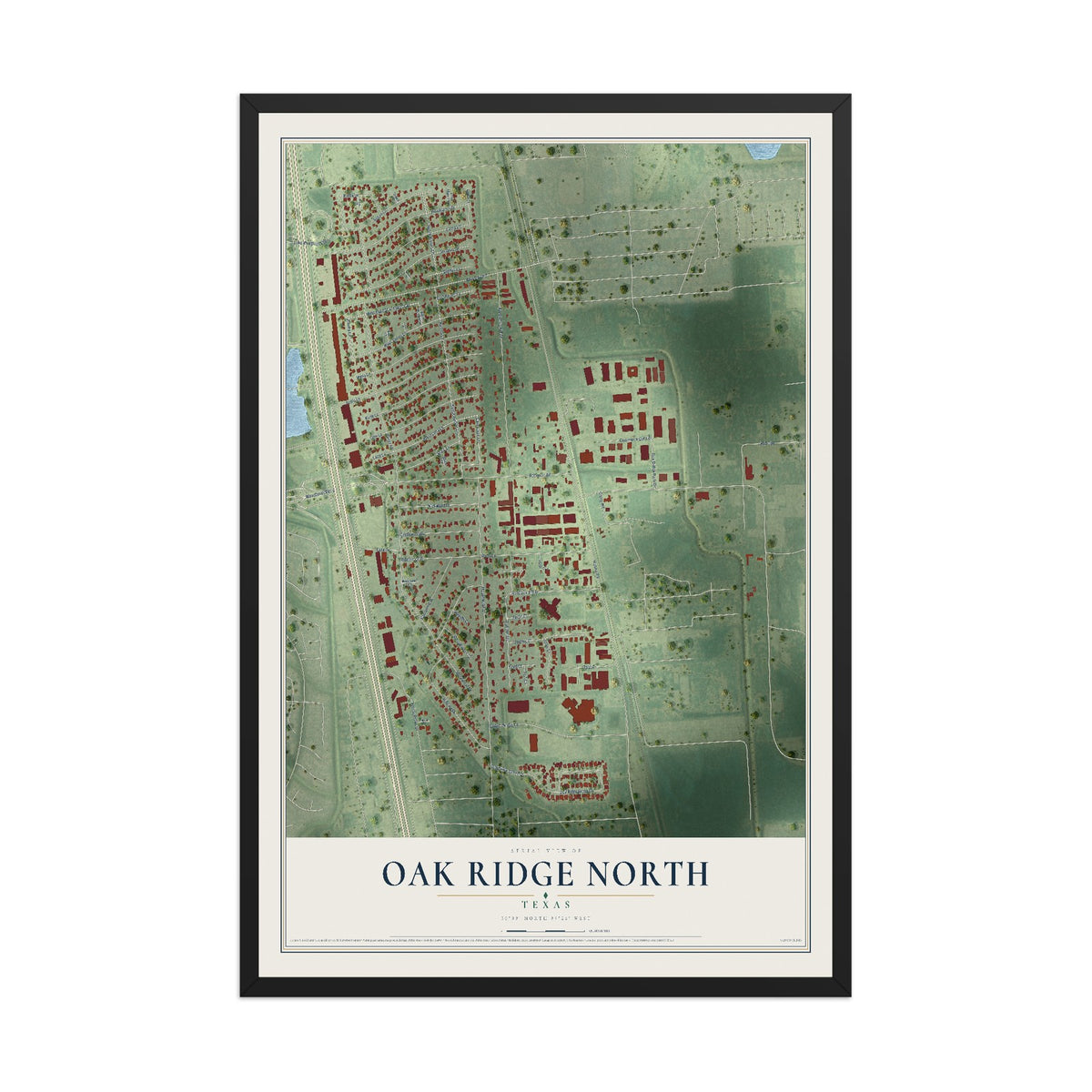 Map of Oak Ridge North, Texas, 12 x 18 inch print in a black wood frame