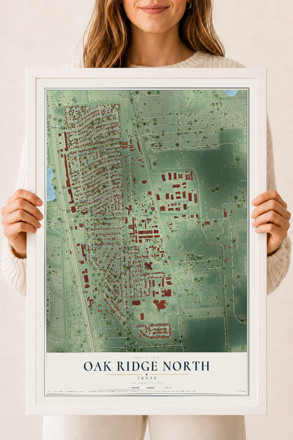 Map of Oak Ridge North, Texas, 18 x 24 inch print in a white wood frame