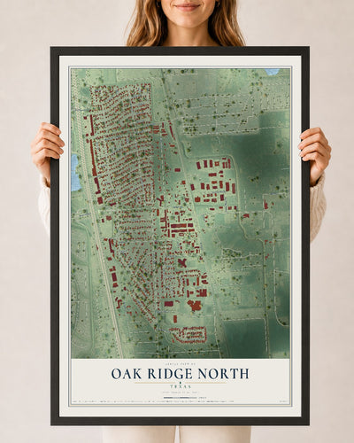 Map of Oak Ridge North, Texas, 24 x 36 inch print in a black wood frame
