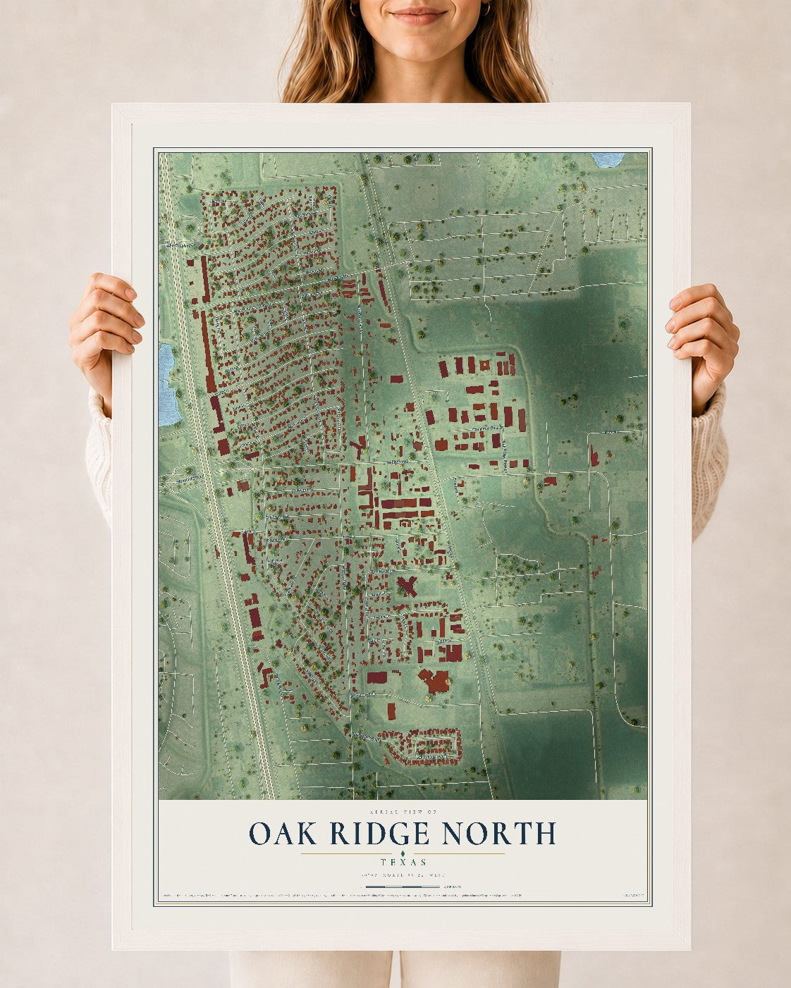 Map of Oak Ridge North, Texas, 24 x 36 inch print in a white wood frame