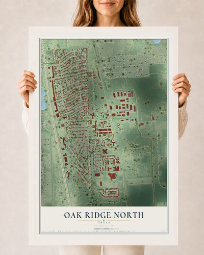 Map of Oak Ridge North, Texas, 24 x 36 inch print in a white wood frame