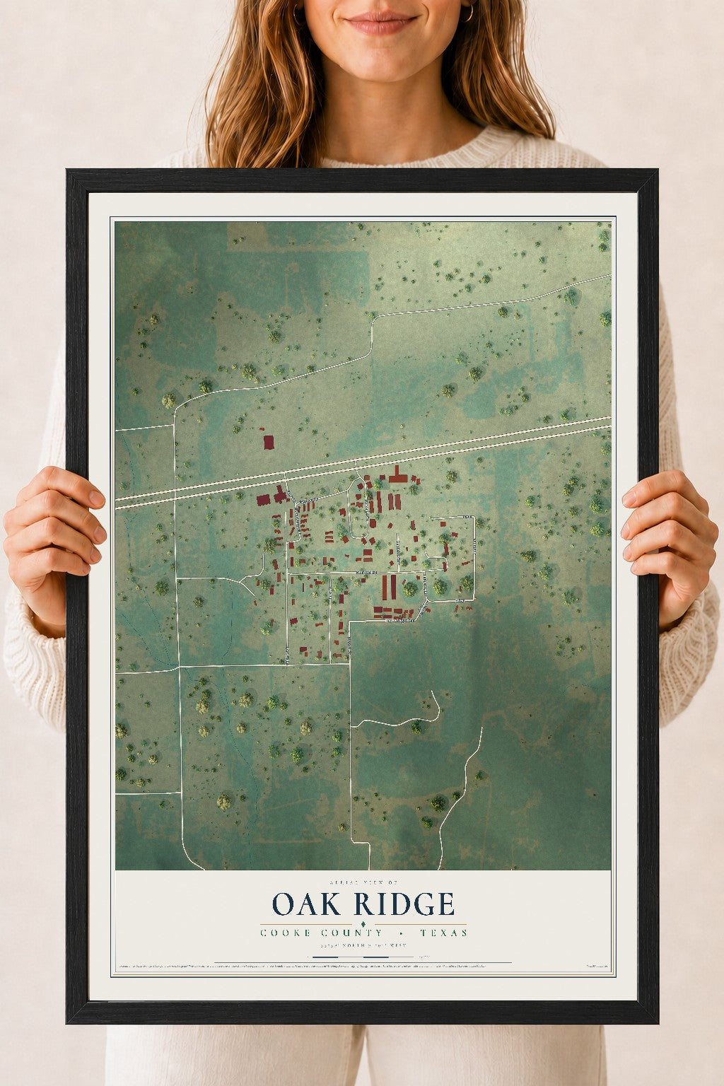 Map of Oak Ridge, Cooke County, Texas, 18 x 24 inch print in a black wood frame