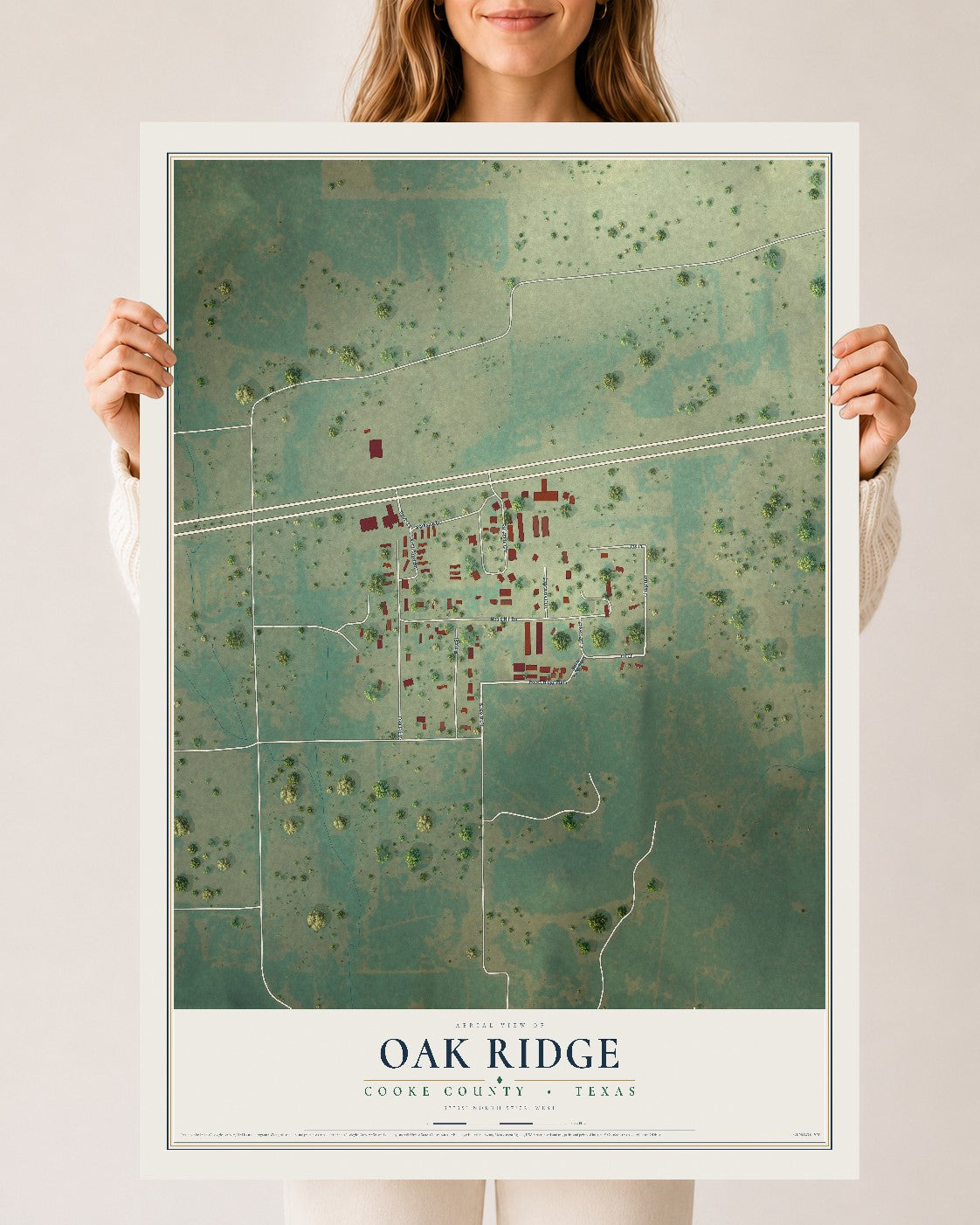 Map of Oak Ridge, Cooke County, Texas, 24 x 36 inch unframed archival matte print