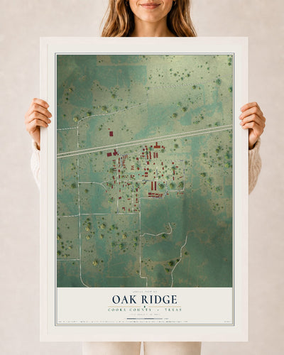 Map of Oak Ridge, Cooke County, Texas, 24 x 36 inch print in a white wood frame