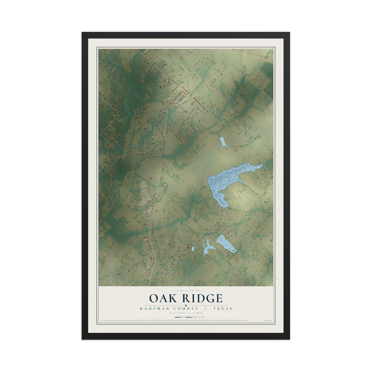 Map of Oak Ridge, Kaufman County, Texas, 12 x 18 inch print in a black wood frame