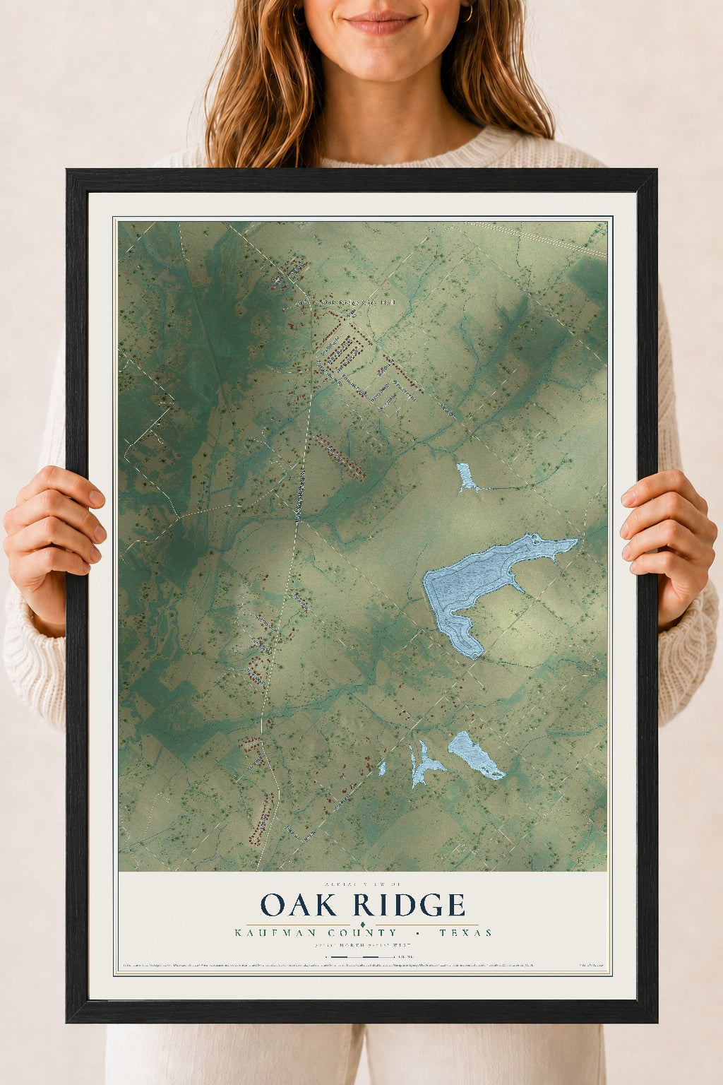 Map of Oak Ridge, Kaufman County, Texas, 18 x 24 inch print in a black wood frame