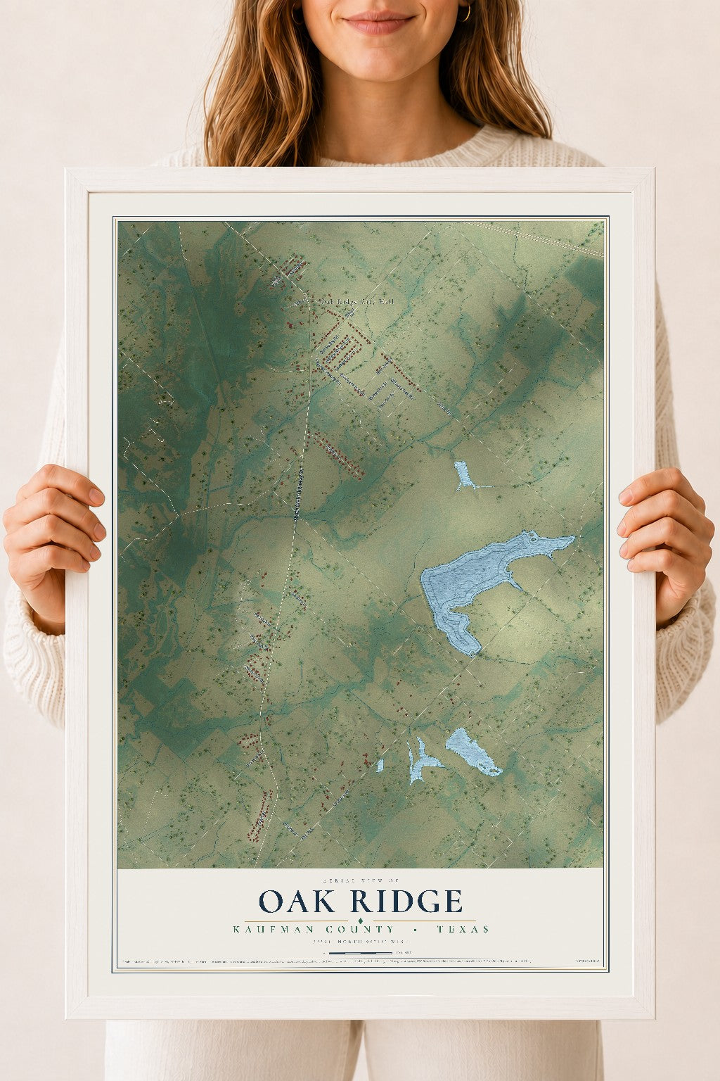 Map of Oak Ridge, Kaufman County, Texas, 18 x 24 inch print in a white wood frame