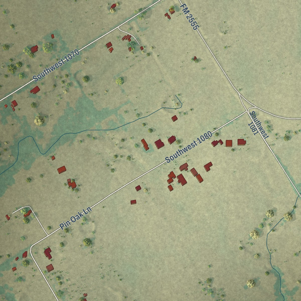 Second close-up of the map of Oak Valley, Texas print showing more streets and buildings