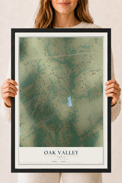 Map of Oak Valley, Texas, 18 x 24 inch print in a black wood frame
