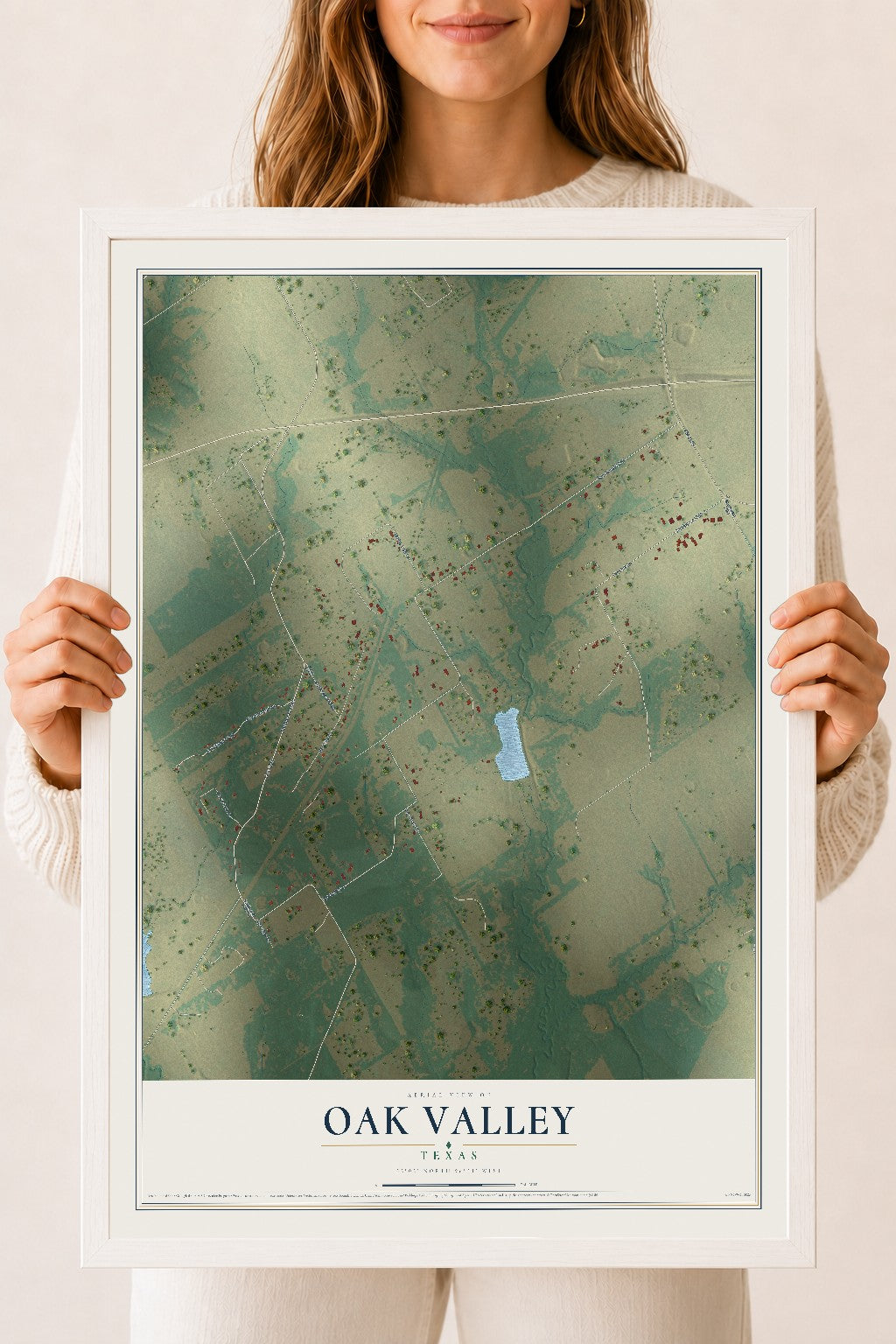 Map of Oak Valley, Texas, 18 x 24 inch print in a white wood frame