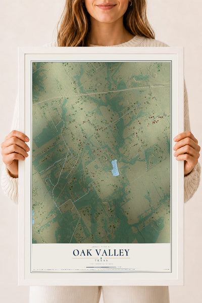 Map of Oak Valley, Texas, 18 x 24 inch print in a white wood frame