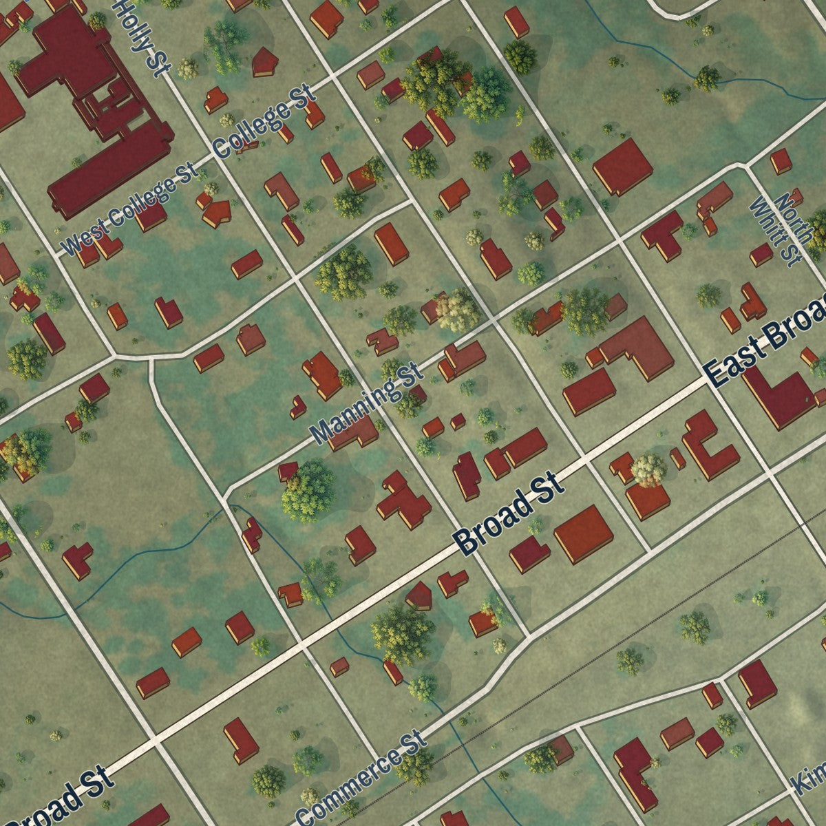 Close-up of the map of Oakwood, Texas print showing street and building detail