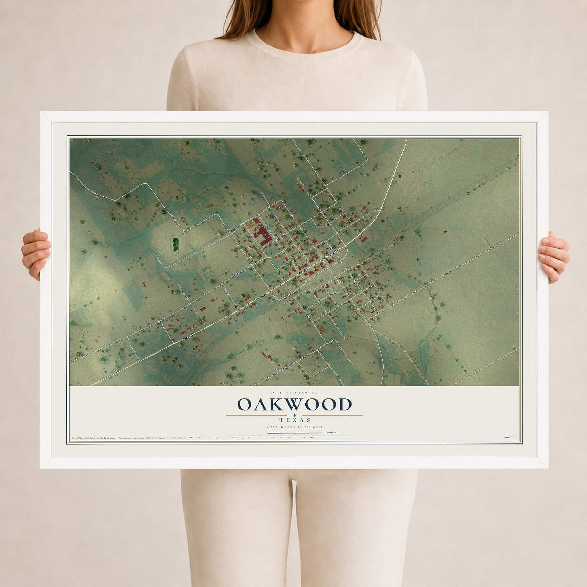 Map of Oakwood, Texas, 24 x 36 inch print in a white wood frame