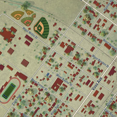 Close-up of the map of Odem, Texas print showing street and building detail