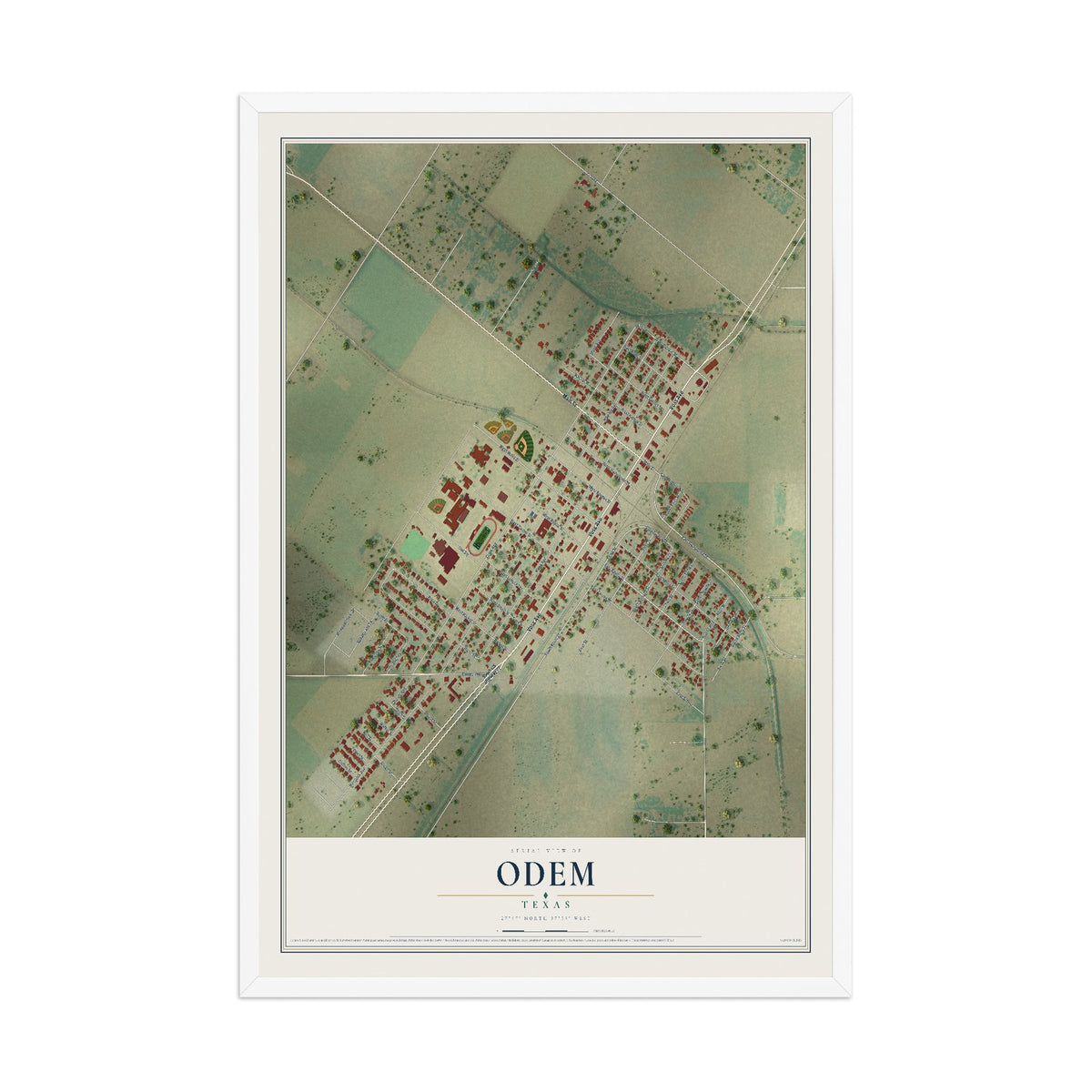Map of Odem, Texas, 12 x 18 inch print in a white wood frame