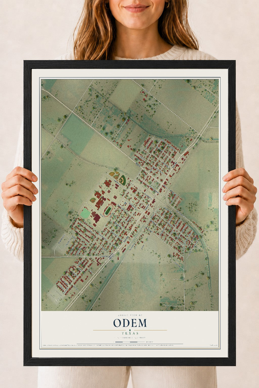 Map of Odem, Texas, 18 x 24 inch print in a black wood frame