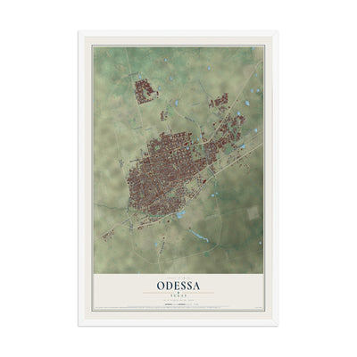 Map of Odessa, Texas, 12 x 18 inch print in a white wood frame