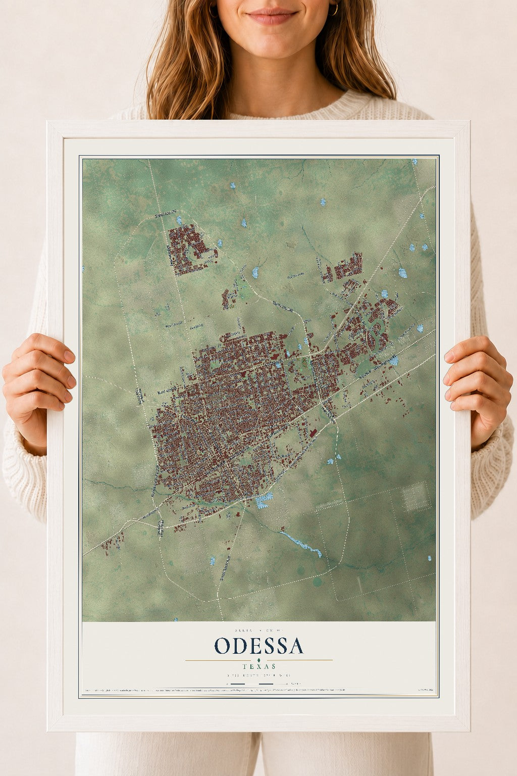 Map of Odessa, Texas, 18 x 24 inch print in a white wood frame