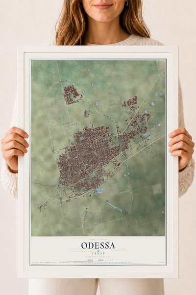Map of Odessa, Texas, 18 x 24 inch print in a white wood frame