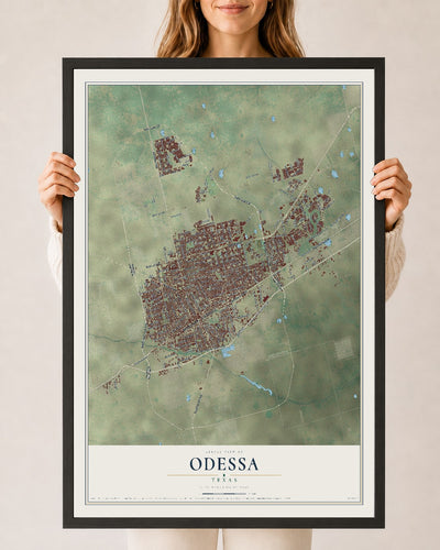 Map of Odessa, Texas, 24 x 36 inch print in a black wood frame