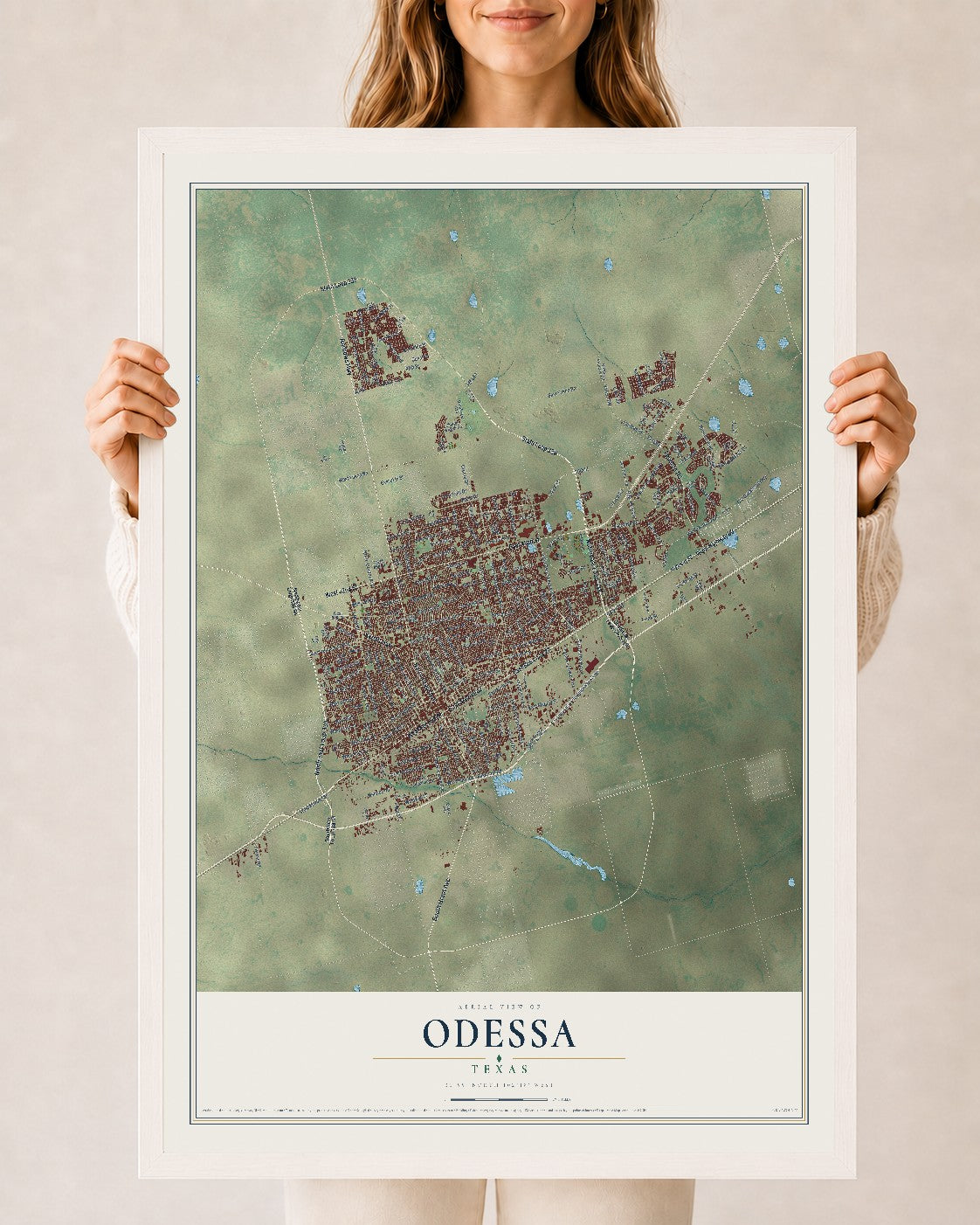 Map of Odessa, Texas, 24 x 36 inch print in a white wood frame