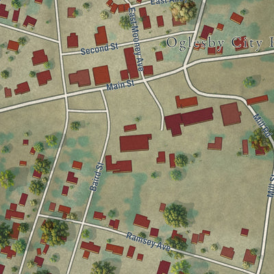 Close-up of the map of Oglesby, Texas print showing street and building detail