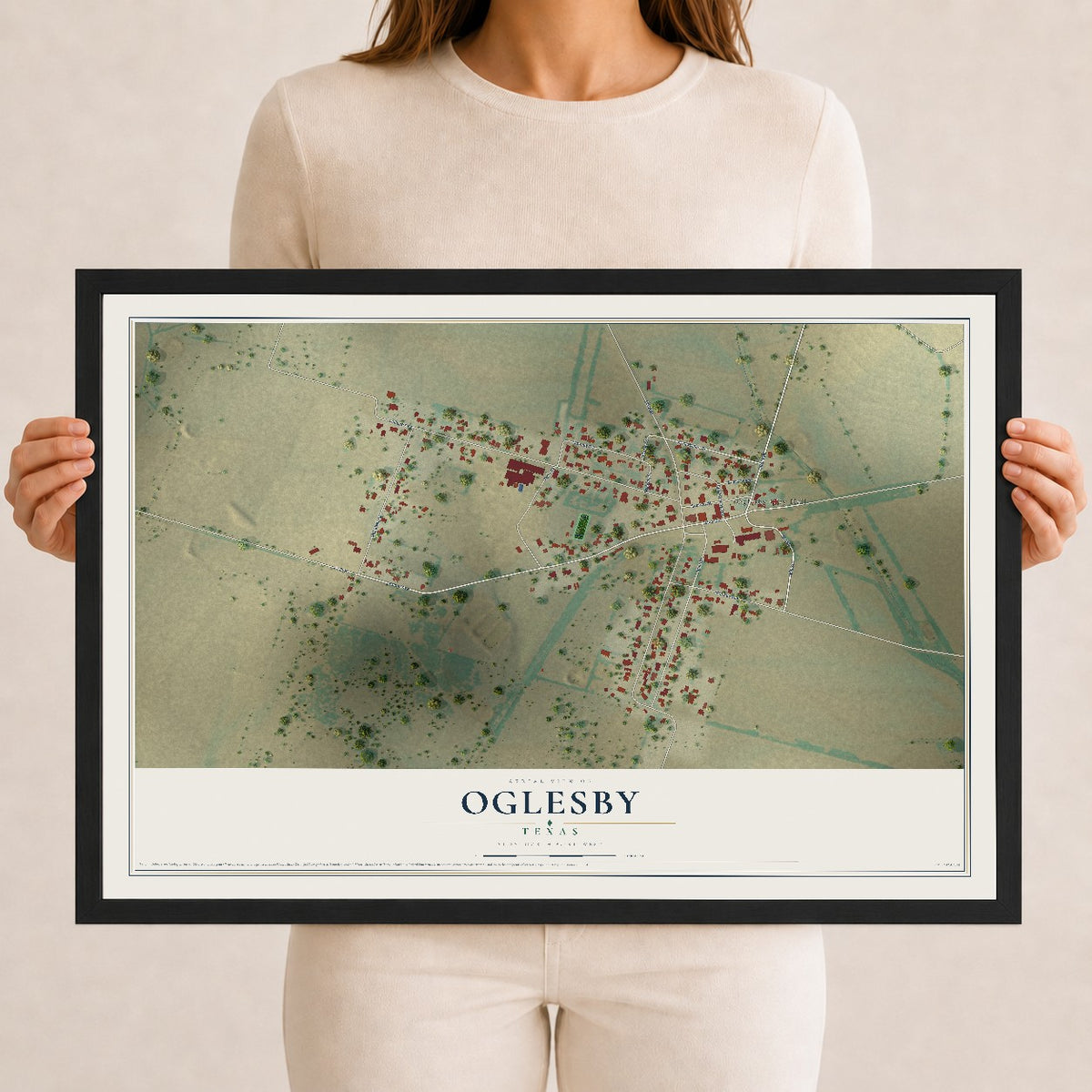 Map of Oglesby, Texas, 12 x 18 inch print in a black wood frame