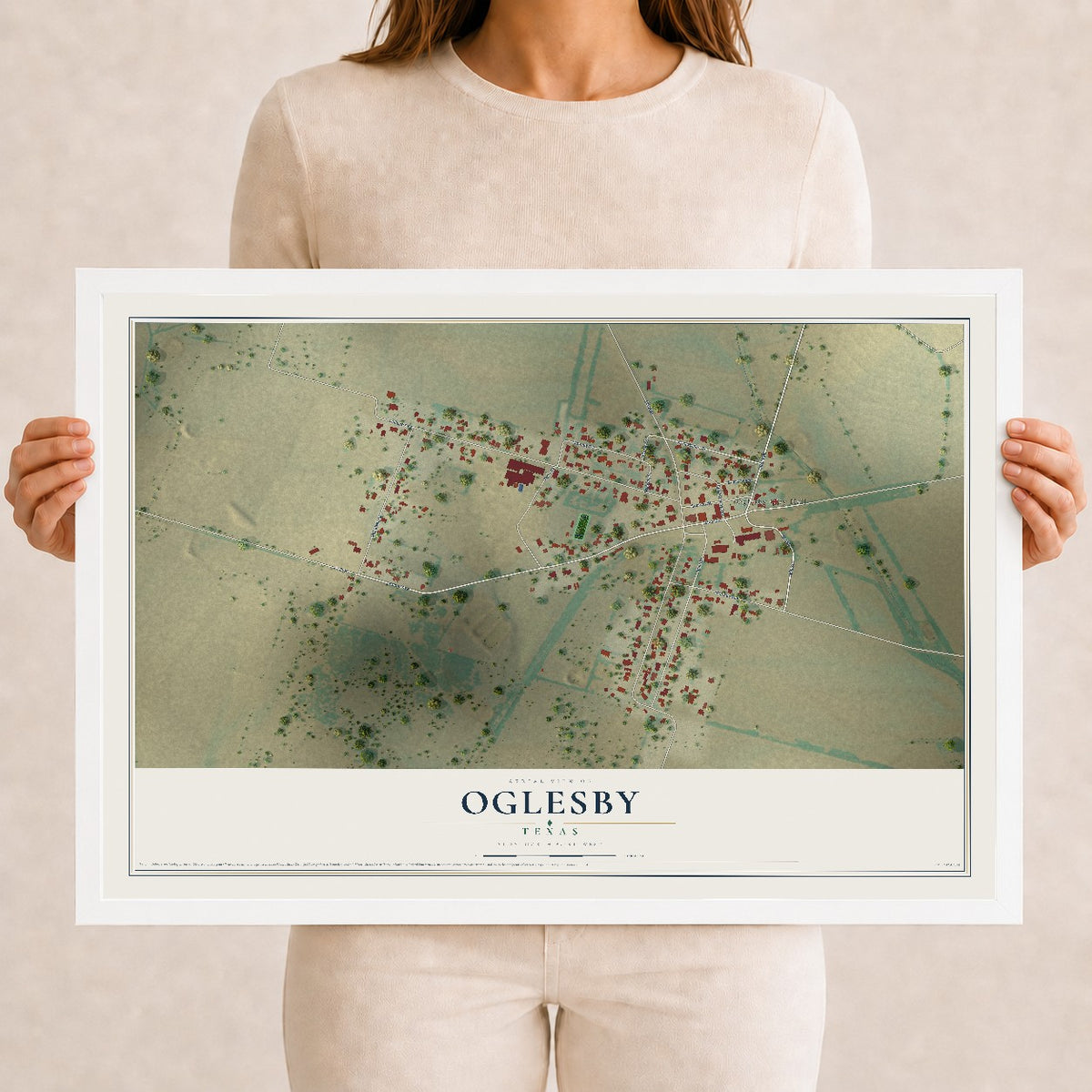 Map of Oglesby, Texas, 12 x 18 inch print in a white wood frame