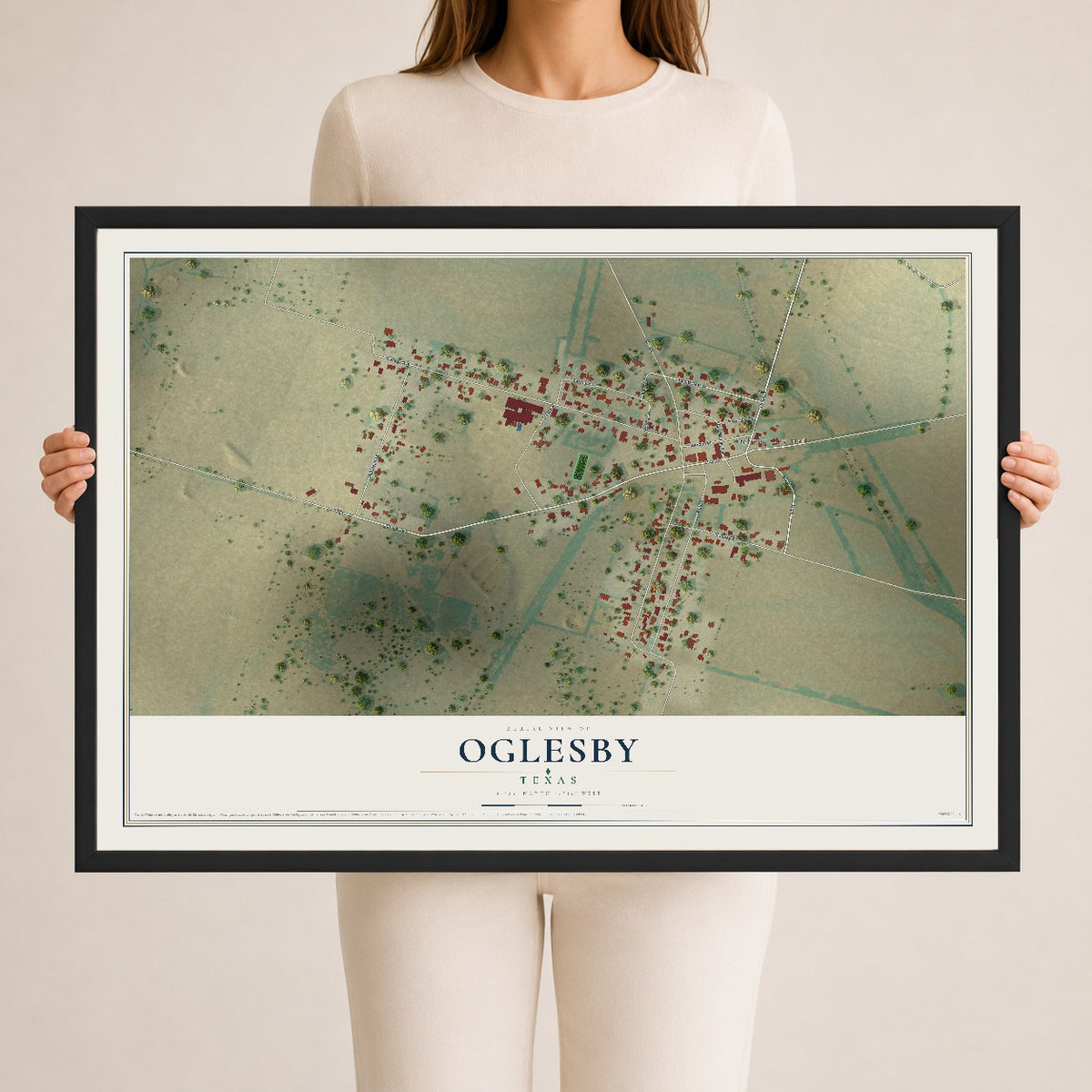 Map of Oglesby, Texas, 24 x 36 inch print in a black wood frame