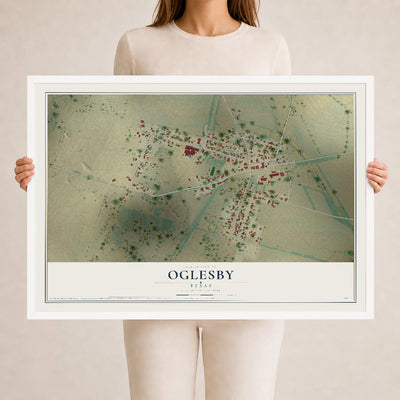 Map of Oglesby, Texas, 24 x 36 inch print in a white wood frame