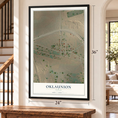 Oklaunion, Texas map, 24 x 36 inch print in a black frame by a staircase