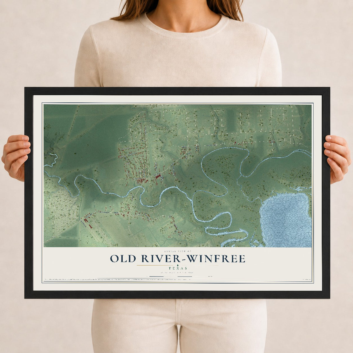 Map of Old River-Winfree, Texas, 12 x 18 inch print in a black wood frame