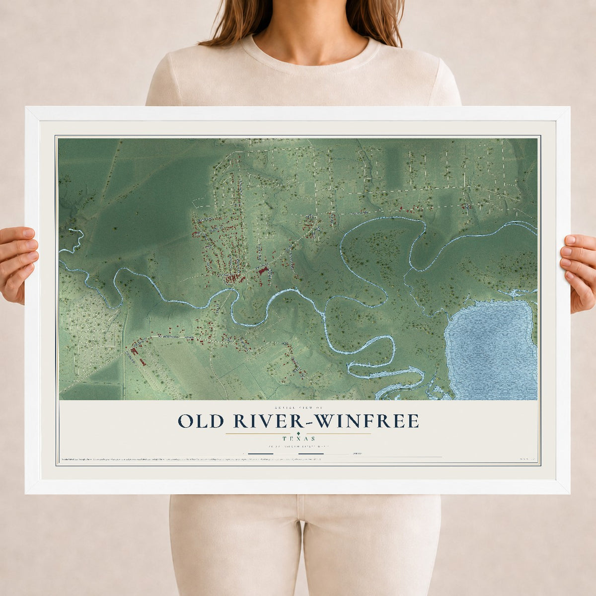 Map of Old River-Winfree, Texas, 18 x 24 inch print in a white wood frame