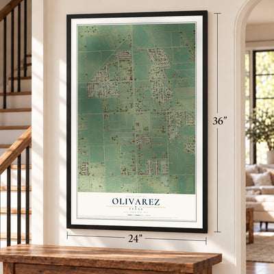 Olivarez, Texas map, 24 x 36 inch print in a black frame by a staircase