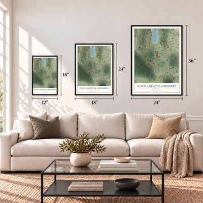 Olivia Lopez de Gutierrez, Texas map in 12 x 18, 18 x 24 and 24 x 36 inch sizes above a sofa