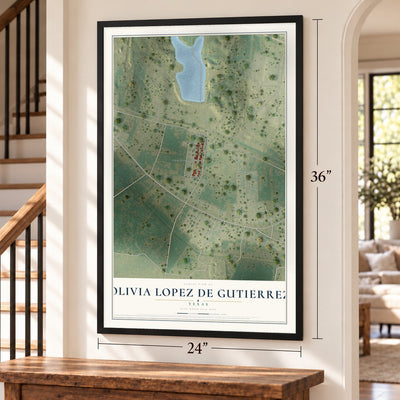 Olivia Lopez de Gutierrez, Texas map, 24 x 36 inch print in a black frame by a staircase