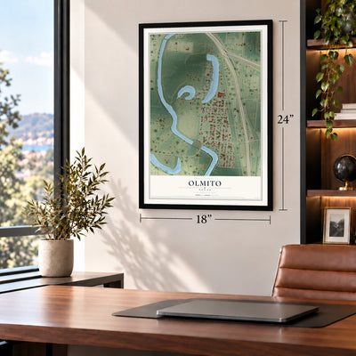 Olmito, Texas map, 18 x 24 inch print in a black frame in a home office