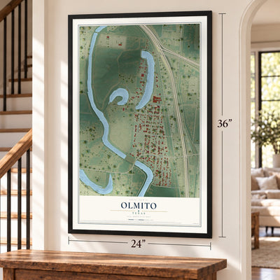 Olmito, Texas map, 24 x 36 inch print in a black frame by a staircase