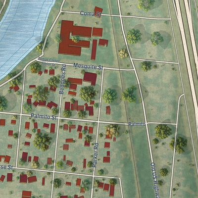 Close-up of the map of Olmito, Texas print showing street and building detail