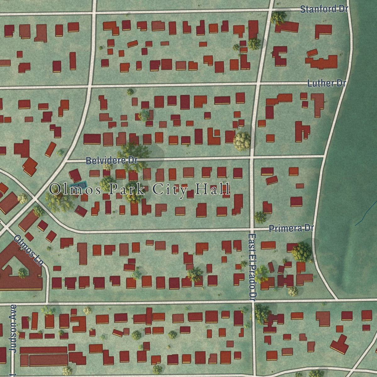 Close-up of the map of Olmos Park, Texas print showing street and building detail